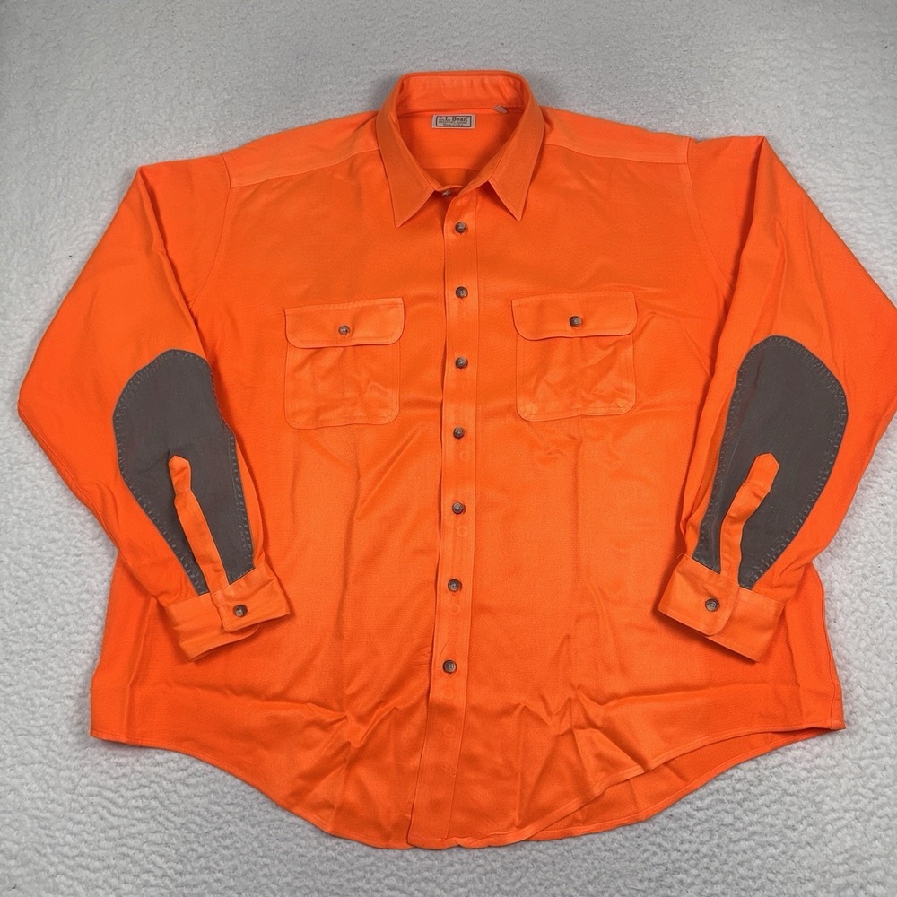 LL Bean Shirt Mens 2XLT Tall Blaze Orange Hunting Button Up Elbow Patches